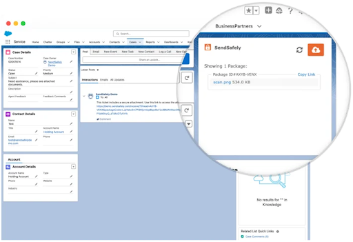 Service cloud case showing uploading of files securely with SendSafely integration.